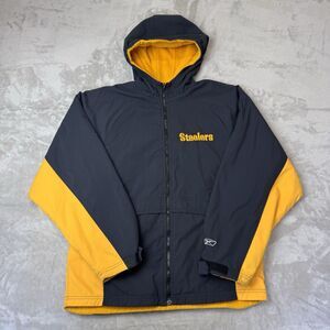 Steelers Reebok NFL Jacket XL Black Yellow Reversible Hooded Embroidered